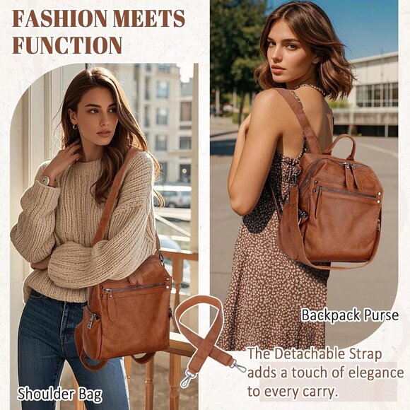 Brown Faux Leather Convertible Women Backpack Purse - Stylish & Spacious main image 5